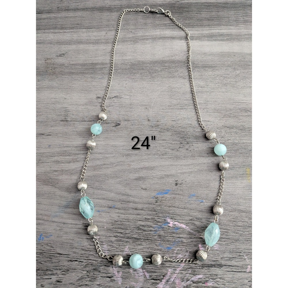 Silver Tone Light Blue Beaded Chain Necklace 24 Inch Boho Layering Jewelry